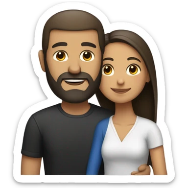 Comforting hug from tall, brunette, Puerto Rican woman to shorter bald male with beard sticker