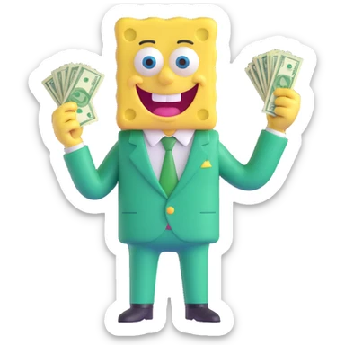 SpongeBob dressed in a green suit, clutching dollar bills, big smile sticker