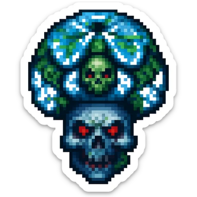 Make the toxic mushroom with skull pattern look scarier by adding glowing red eyes or sinister features. Keep the pixel art style and no background. sticker