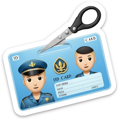 Floating black Scissors cutting in half a light blue idf soldier ID card with golden chip in 2 parts .hyper realistic sticker
