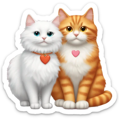 A white fluffy cat and an orange cat sitting together with hearts sticker