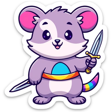 A cute pastel colored possum warrior holding a gleaming sword, with rainbow fur, sparkly eyes, and colorful stars around sticker