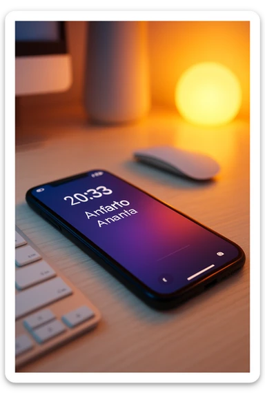 A photo of an iPhone on the desk with the message "Antonio Anania" on its screen, The phone sits atop a desk with a blurred background that suggests work environment. A faint glow from above casts gentle shadows across the surface of each object, creating depth and highlighting their textures sticker