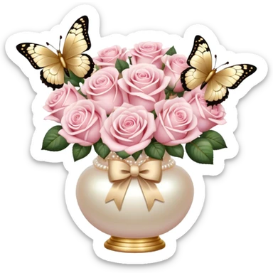 Realistic aesthetic bouquet of light pink roses in a pearl vase and a beige bow with gold decoration and a butterfly with gold and beige wings sticker