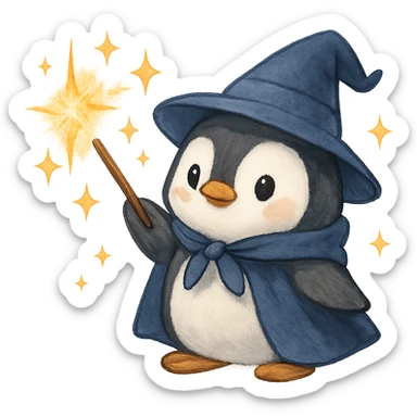 a cute penguin wizard casting a spell, with sparkles around sticker