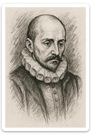 make a less detailed portrait of Montaigne, the french philosopher, a black outline sticker