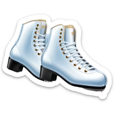 An icon showing elegant figure skates in close-up on a glossy ice surface, with a graceful skater performing in the background. The scene is set inside a grand indoor ice arena with spotlights, decorative banners, and a cheering audience. Transparent background. sticker