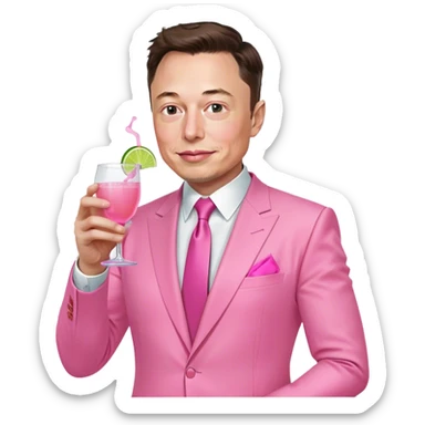 Elon Musk, dressed in an all-pink suit, with one hand holding a pink tequila drink.  sticker