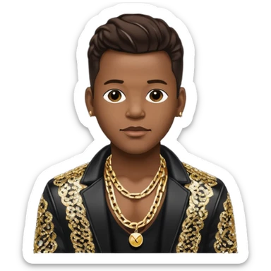 Bobby Brown with dark brown hair, black sequin jacket, shirtless with necklace sticker