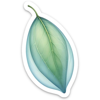 delicate cocoon-shaped leaf, translucent texture, soft curved lines, floating with light aura, gentle green-blue hues, warm earth undertones sticker