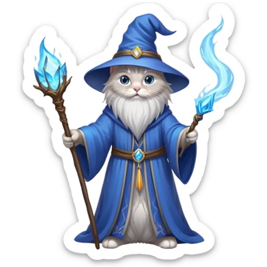 A cat wizard casting a spell with magical staff and flowing robes sticker