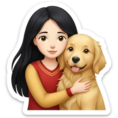 A girl with long black  hair tightly hugged a Golden Retriever sticker