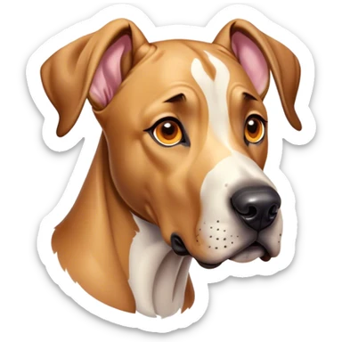 Cinematic Cute Fawn Great Dane Portrait Emoji, Head tilted playfully and inquisitively, showcasing a glossy fawn coat with a subtle luster, round, sparkling amber eyes filled with curiosity, Simplified yet irresistibly adorable features, highly detailed, glowing with a warm, friendly glow, high shine, affectionate and gentle, stylized with a touch of whimsy, bright and endearing, soft glowing outline, capturing the essence of a mischievous yet loving pup, so playful it feels like it could lumber out of the screen and into your arms! sticker