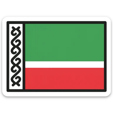 flag of Chechnya, horizontal tricolor with green, white, and red stripes, vertical white stripe with traditional Chechen pattern on hoist side, clean flat style sticker