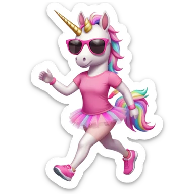 friendly anthropomorphised female unicorn in tutu and pink t-shirt, wearing dark sunglasses, jogging upright in relaxed pose sticker