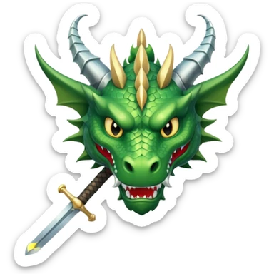 stylized green dragon head fierce expression with medieval sword antique robust wide blade above, clear simple, transparent background sticker