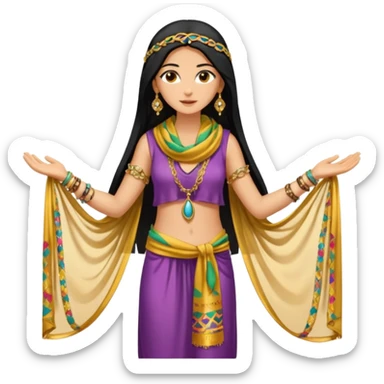 Mujer joven, morena, 
Negro, largo y brillante, suele ir cubierto parcialmente por un velo o pañuelo oriental.inspiración árabe: túnica colorida , con detalles dorados o lentejuelas; brazaletes y pendientes.cuerpo entero sticker