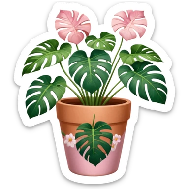 monstera plant in a plant pot in terra cota with white and pink flowers hand painted on the pot  sticker