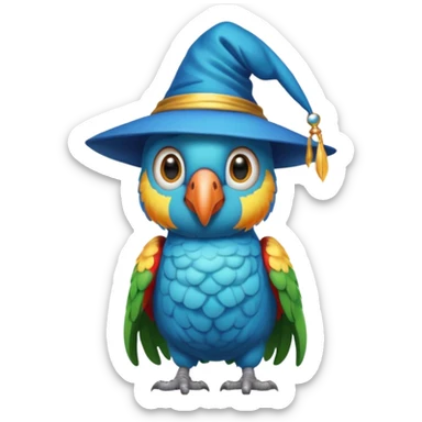 A cyan parrot with a wizard's hat sticker