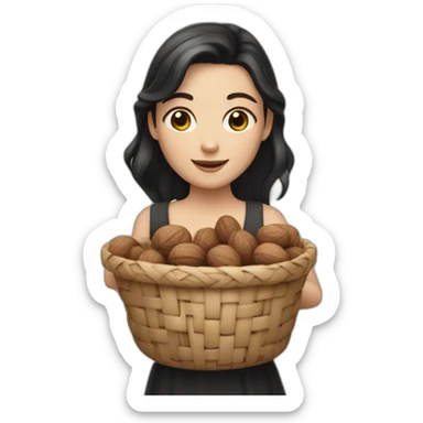 White girl with black and small hair holding a basket of walnuts sticker