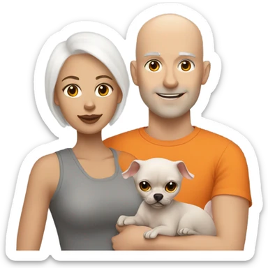 White bald man is holding a grey small sphinx cat and woman with dark straight hair is holding orange Pomeranian dog sticker
