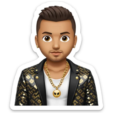 Sean Paul with dark brown hair, black sequin jacket, shirtless with necklace sticker