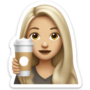 A white and dark blonde woman with long hair, gray eyes, an ice latte in her hand sticker