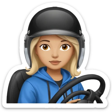 ["Light-skinned female driver, wearing a hoodie and helmet, behind the wheel."] sticker