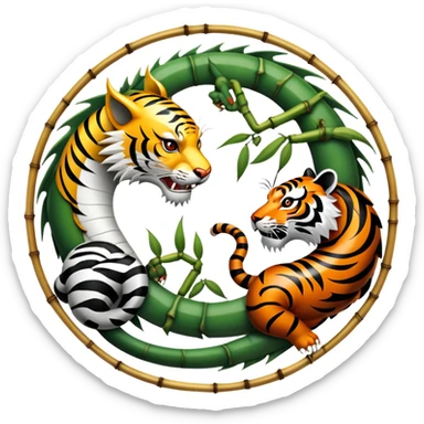 An icon symbolizing Eastern martial arts in the style of an emblem, with a black-and-white Yin-Yang symbol at the center. A dragon and a tiger are placed on either side, representing strength and wisdom. The design includes bamboo and traditional elements. Transparent background sticker