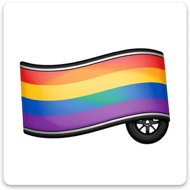 LGBT pride flag background with vibrant colors, black realistic tire skid marks artistically integrated across the flag, high contrast, clear and bold emoji style sticker