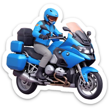 blue BMW R 1200 RT touring motorcycle with rider on road sticker