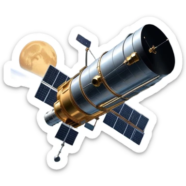 cinematic-realistic-hubble-space-telescope-emoji, an awe-inspiring, ultra-detailed depiction of the Hubble Space Telescope floating in space, its large, reflective metallic surface gleaming against the backdrop of the infinite blackness. The telescope's vast solar panels extend outwards, catching the light from distant stars, while its intricate, cylindrical body showcases advanced, precise engineering. The telescope's large, hexagonal lens is pointed towards the cosmos, surrounded by mechanical components, wires, and sensors. The detailed textures of the telescope’s metallic exterior, the shiny reflective coating, and the intricate grid-like solar panels are sharply contrasted against the void of space, with distant stars and nebulae faintly visible in the background, adding to the sense of scale and te sticker