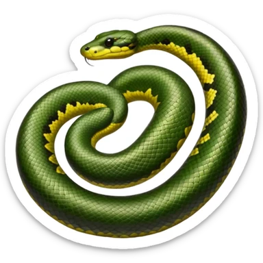 A photo-realistic top-down view of a Green Anaconda tightly coiled in a spiral, with its broad, flat head resting at the center. Its thick, muscular body is olive-green and covered in symmetrical, bold black oval spots that stand out against its smooth scales, creating striking natural camouflage. sticker