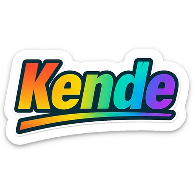 The name 'Kende' in a modern gradient font with precise Hungarian characters, dark outline, extra thick, prominent white letter border, dynamic slanted underline, rainbow gradient colors, 1000x1000 px, PNG, transparent background. sticker