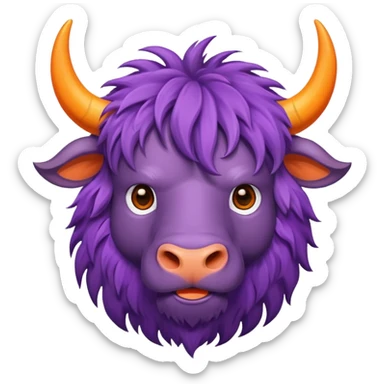 a purple yak Head with pieces of orange paper hanging in his head sticker