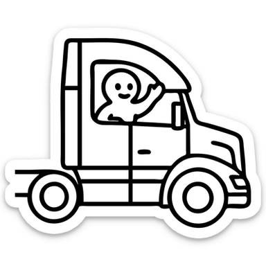 Change the semi truck to white, keep Casper the ghost waving from the window in outlined icon style, with no background. sticker