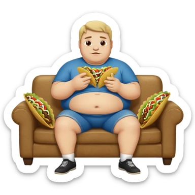 Fat white giy sitting on couch eating tacos  sticker