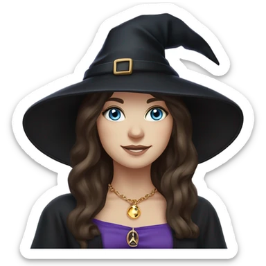 Witchy brunette haired blue eyed white girl with a witty smile a gold necklace and a black witch hat with a purple bow sticker