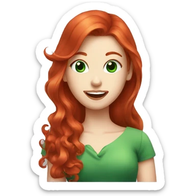 long red hair, green eyes, red lips girl holding a tooth sticker