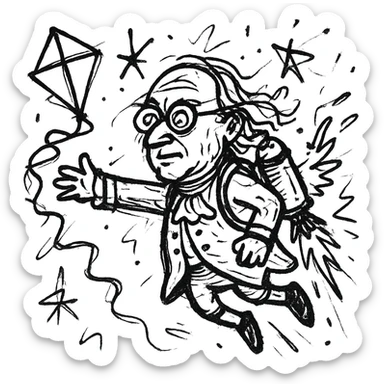 Ben Franklin with jetpack, left hand holding diamond kite, right arm out as if flying, minimalist black outline, slightly chaotic lines sticker