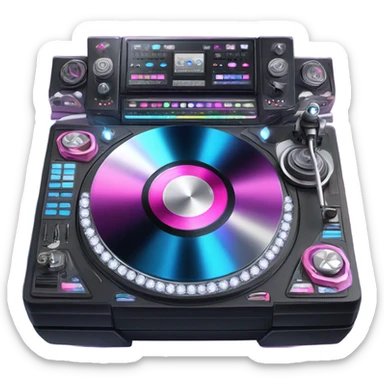 Realistic DJ turntable setup with pink,blue,and purple sparkling diamonds and rhinestones on it. sticker