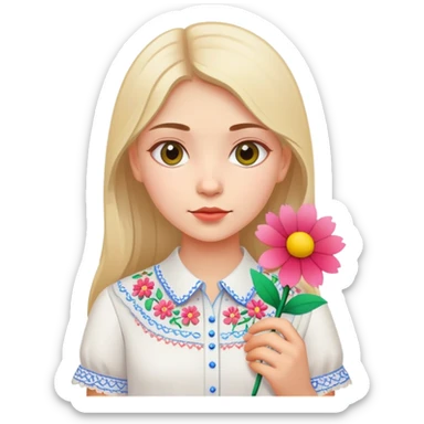 Ukrainian young girl in white embroidered shirt holding colored paper and a flower sticker