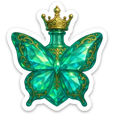 very close to original: crystal elegant butterfly-shaped bottle with short neck, princess crown, green and blue colors, many glowing facets, ornaments, golden details, transparent background, bottle clearly floating in air with no base or shadow sticker