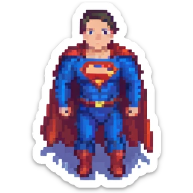Superman standing heroically with cape flowing, pixel art style, simplified details, retro video game look sticker