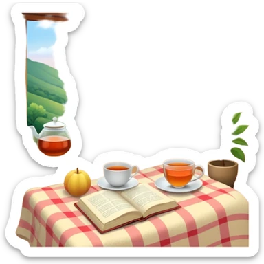 Small self-care objects: cup of tea, journal, fresh fruits, soft blanket, nature window view, gentle sunlight, pastel and warm tones, calm and mindful atmosphere, digital art  sticker