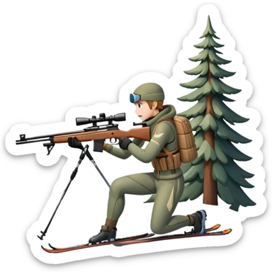 An icon showing a snowy landscape with pine trees, mountains, and a clear sky with a biathlete aiming a rifle in the foreground, wearing winter gear and skis. Transparent background emphasizes the precision, endurance, and beauty of this winter sport. sticker