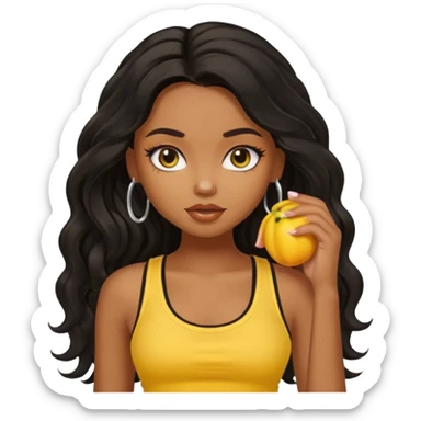 a pretty bratz dusky girl with long wavy black hair in a yellow tank top sticker