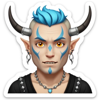 white skin Rock-style man — piercings, glowing tattoos on face, black horns sticker
