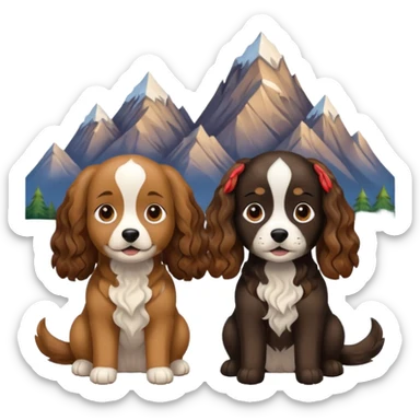 two dogs with wavy hair, one black and brown, one shades of brown with mountains sticker