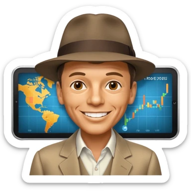 Frank Sinatra with the hat on, smiling and showing data analytics on a screen in the background sticker